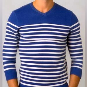 Banana Republic Blue & White Striped V-Neck Sweater